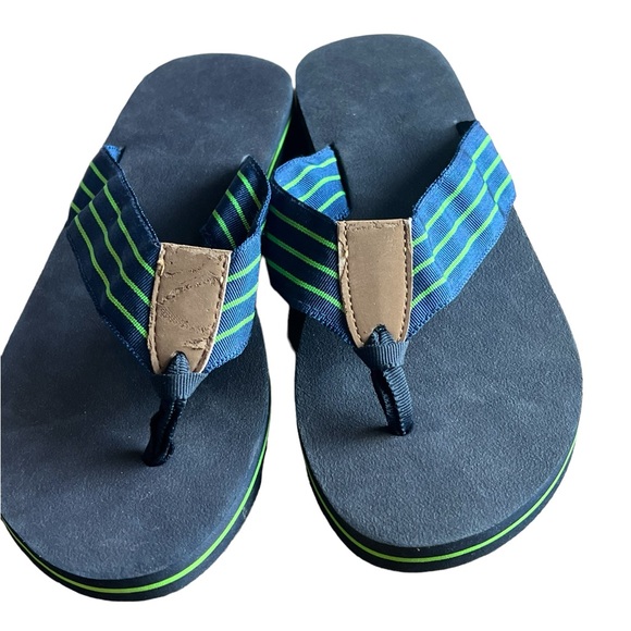 Navy Blue And Green Stripe Ribbon Flip Flop Sandals - Picture 8 of 11